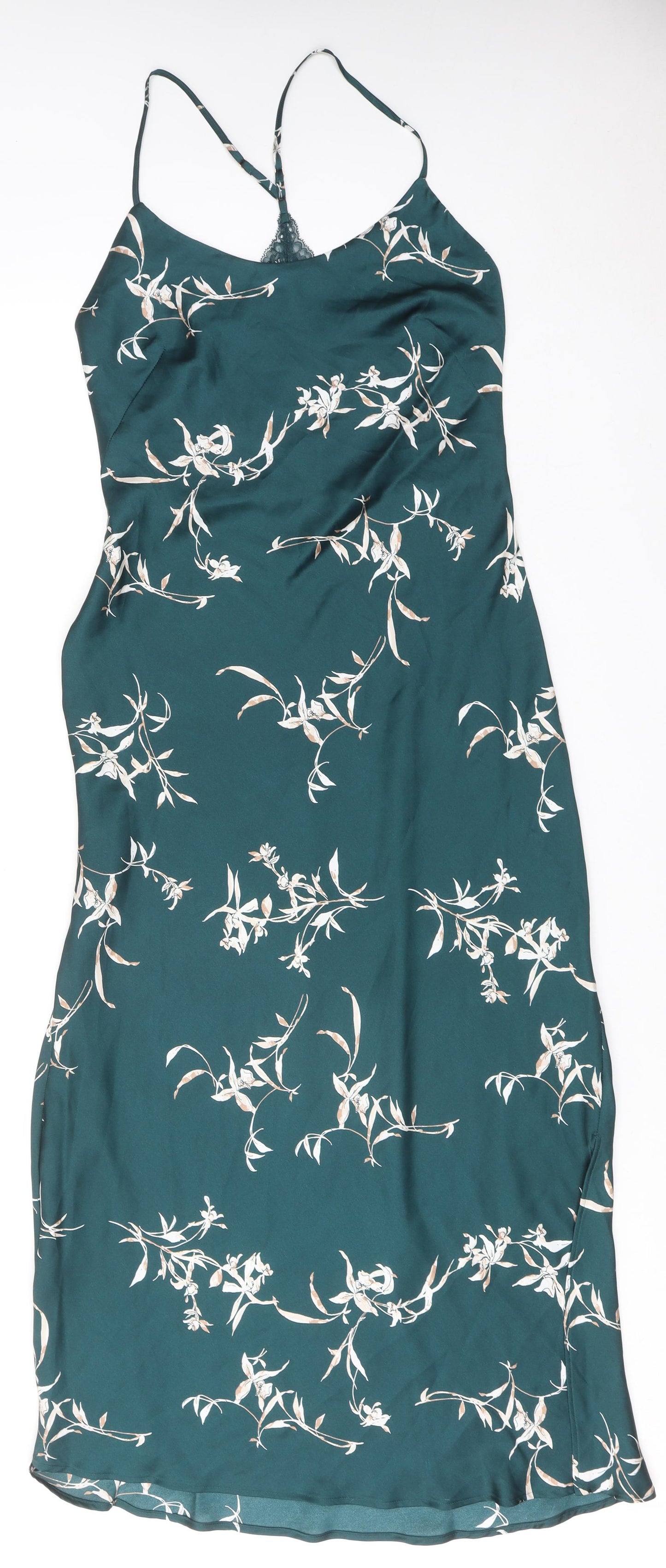 Marks and Spencer Womens Green Geometric Polyester Slip Dress Size 12 Round Neck Pullover - Open Back, Lace Detail