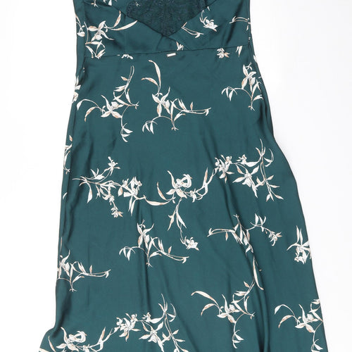 Marks and Spencer Womens Green Geometric Polyester Slip Dress Size 12 Round Neck Pullover - Open Back, Lace Detail