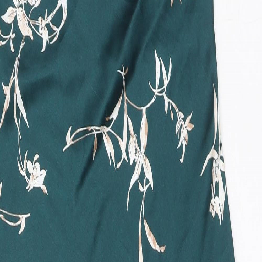 Marks and Spencer Womens Green Geometric Polyester Slip Dress Size 12 Round Neck Pullover - Open Back, Lace Detail