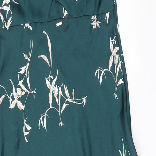 Marks and Spencer Womens Green Geometric Polyester Slip Dress Size 12 Round Neck Pullover - Open Back, Lace Detail
