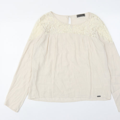 Numph Womens Beige Viscose Basic Blouse Size 12 Round Neck - Lace Neckline