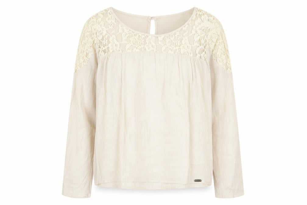 Front view of Numph women’s beige viscose basic blouse, size UK 12, round neck - lace neckline