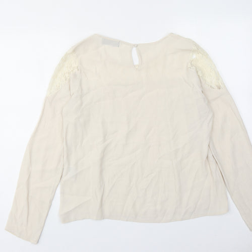 Numph Womens Beige Viscose Basic Blouse Size 12 Round Neck - Lace Neckline