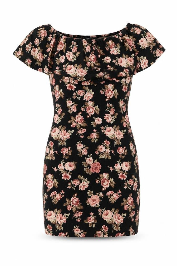 FOREVER 21 Womens Black Floral Viscose Bodycon Size S Off the Shoulder Pullover