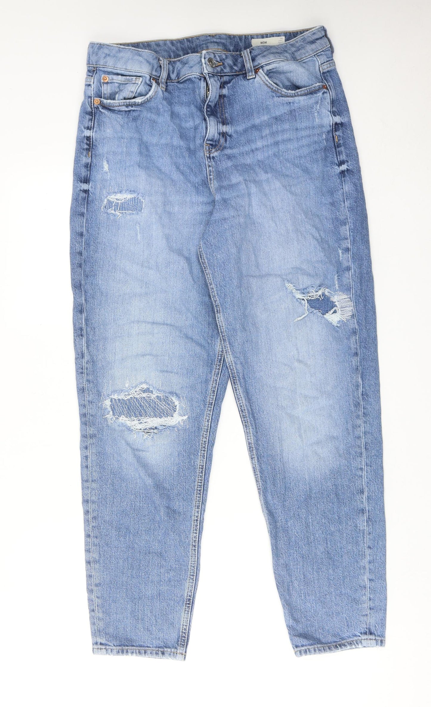 Marks and Spencer Womens Blue Cotton Mom Jeans Size 14 Regular Zip