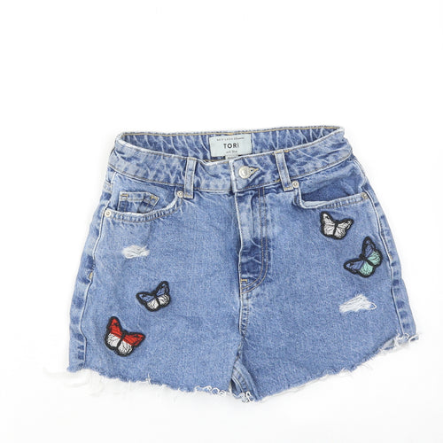 New Look Girls Blue Cotton Cut-Off Shorts Size 12 Years Regular Zip - Butterfly Detail