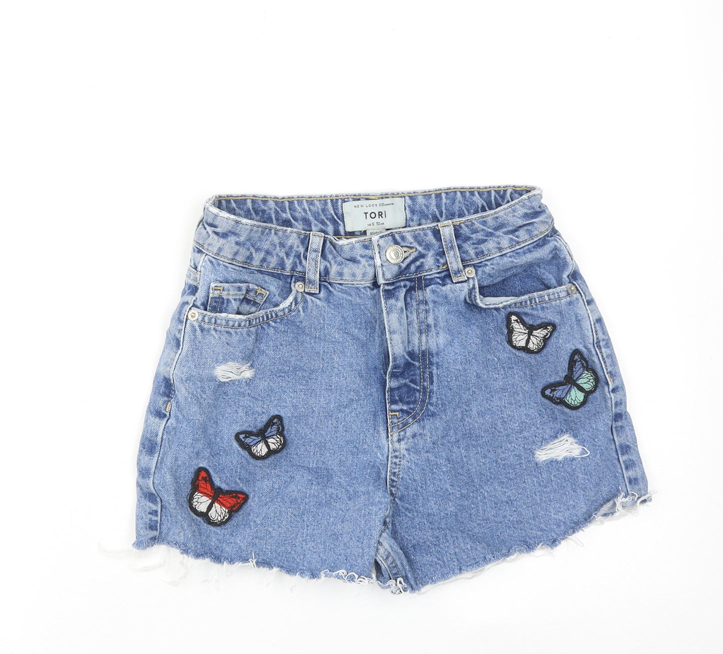New Look Girls Blue Cotton Cut-Off Shorts Size 12 Years Regular Zip - Butterfly Detail