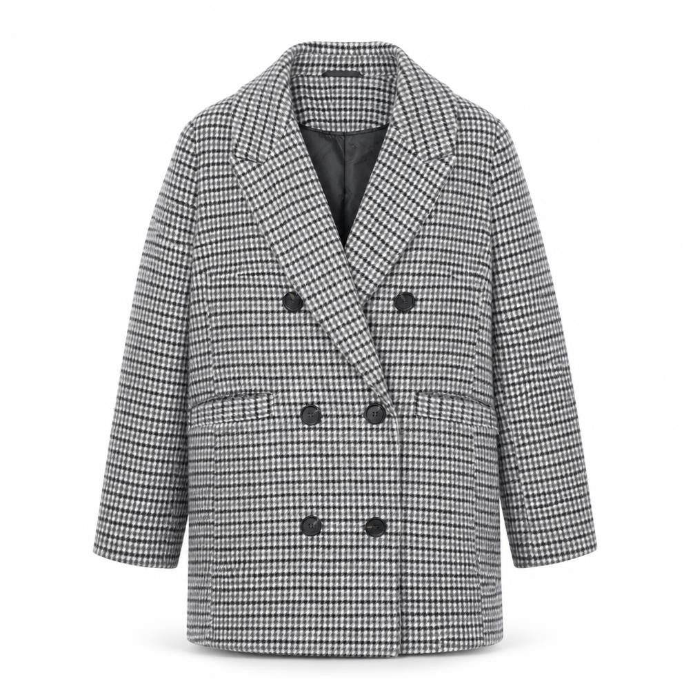 Front view of Marks & Spencer women’s grey geometric pea coat coat, size UK 10, button
