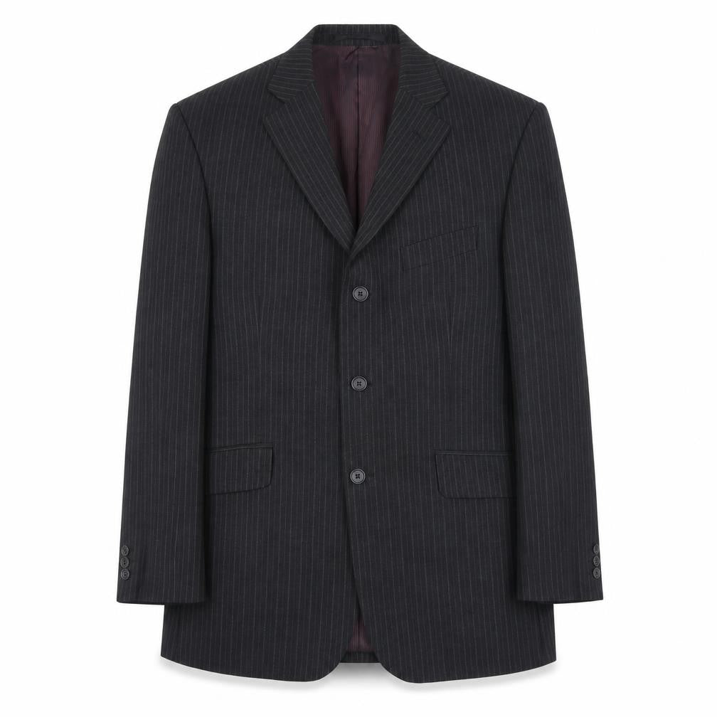 Front view of Marks & Spencer men’s black striped polyester jacket suit jacket, size 40, regular
