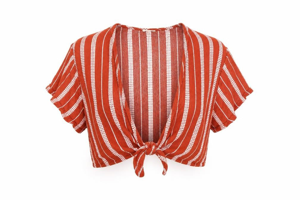 Front view of Garage women’s orange striped viscose wrap blouse, size S, v-neck