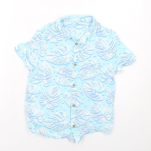 Marks and Spencer Boys Blue Geometric Cotton Basic Button-Up Size 8-9 Years Collared Button - Leaf Print