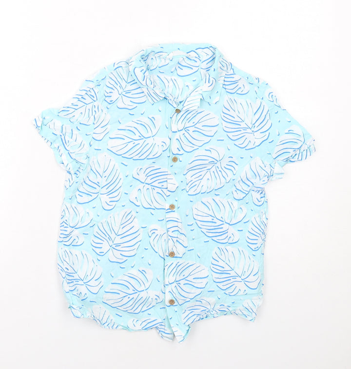 Marks and Spencer Boys Blue Geometric Cotton Basic Button-Up Size 8-9 Years Collared Button - Leaf Print