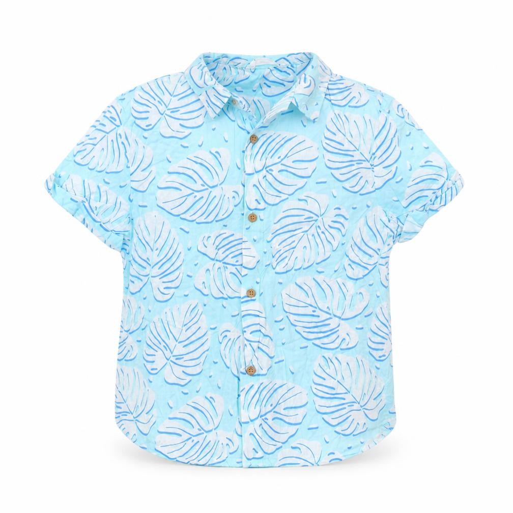 Marks & Spencer Boys Blue Geometric Cotton Basic Button-Up Size 8-9 Years Collared Button - Leaf Print