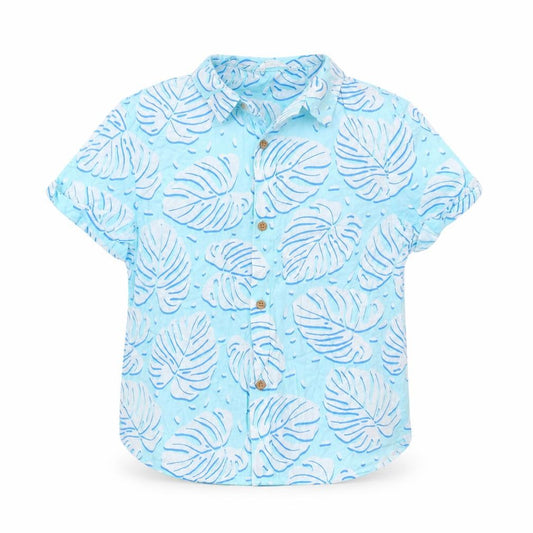 Front view of Marks & Spencer boys’ blue geometric cotton basic button-up, size 8-9, years collared button - leaf print