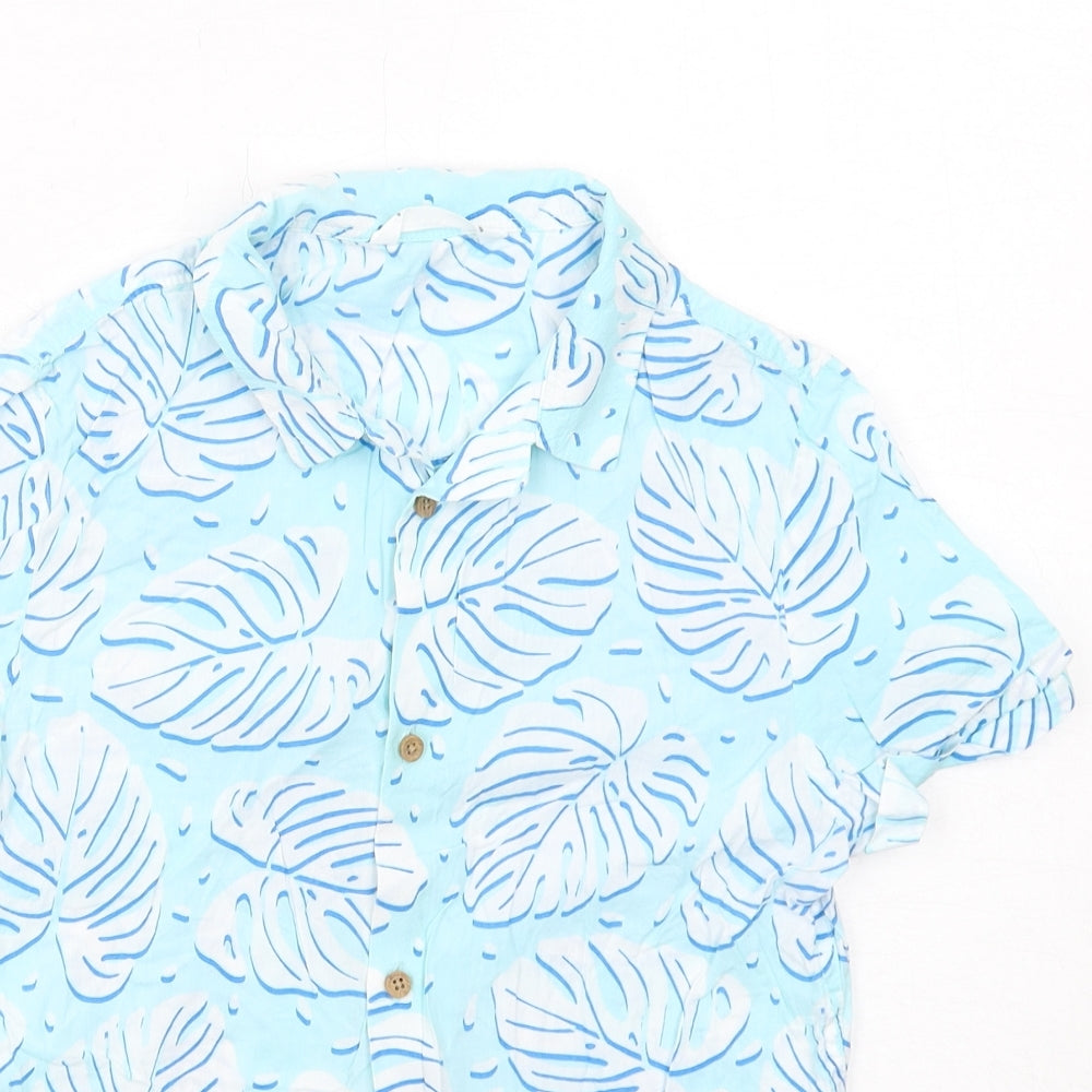 Marks and Spencer Boys Blue Geometric Cotton Basic Button-Up Size 8-9 Years Collared Button - Leaf Print