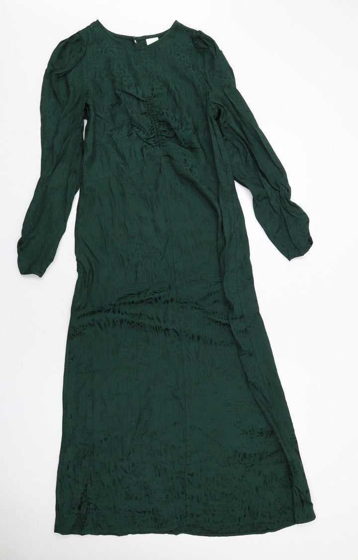 H&M Womens Green Animal Print Viscose Maxi Size 6 Round Neck Button - Cheetah pattern