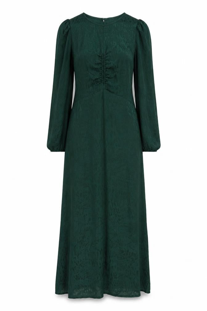 Front view of H&M women’s green animal print viscose maxi, size UK 6, round neck button - cheetah pattern