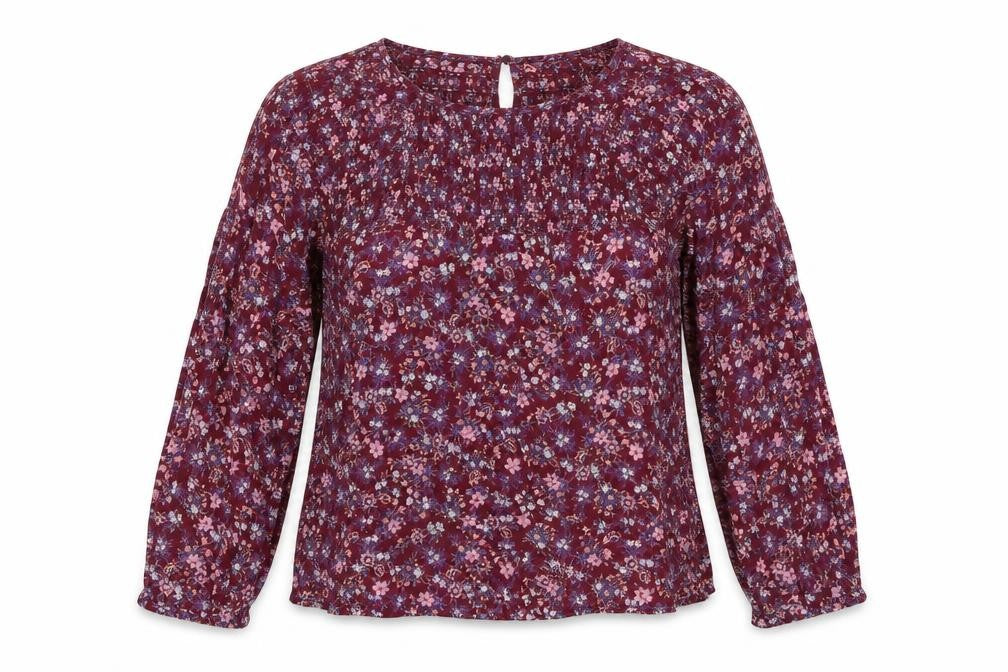 Front view of Miss Selfridge women’s purple floral viscose basic blouse, size UK 10, round neck