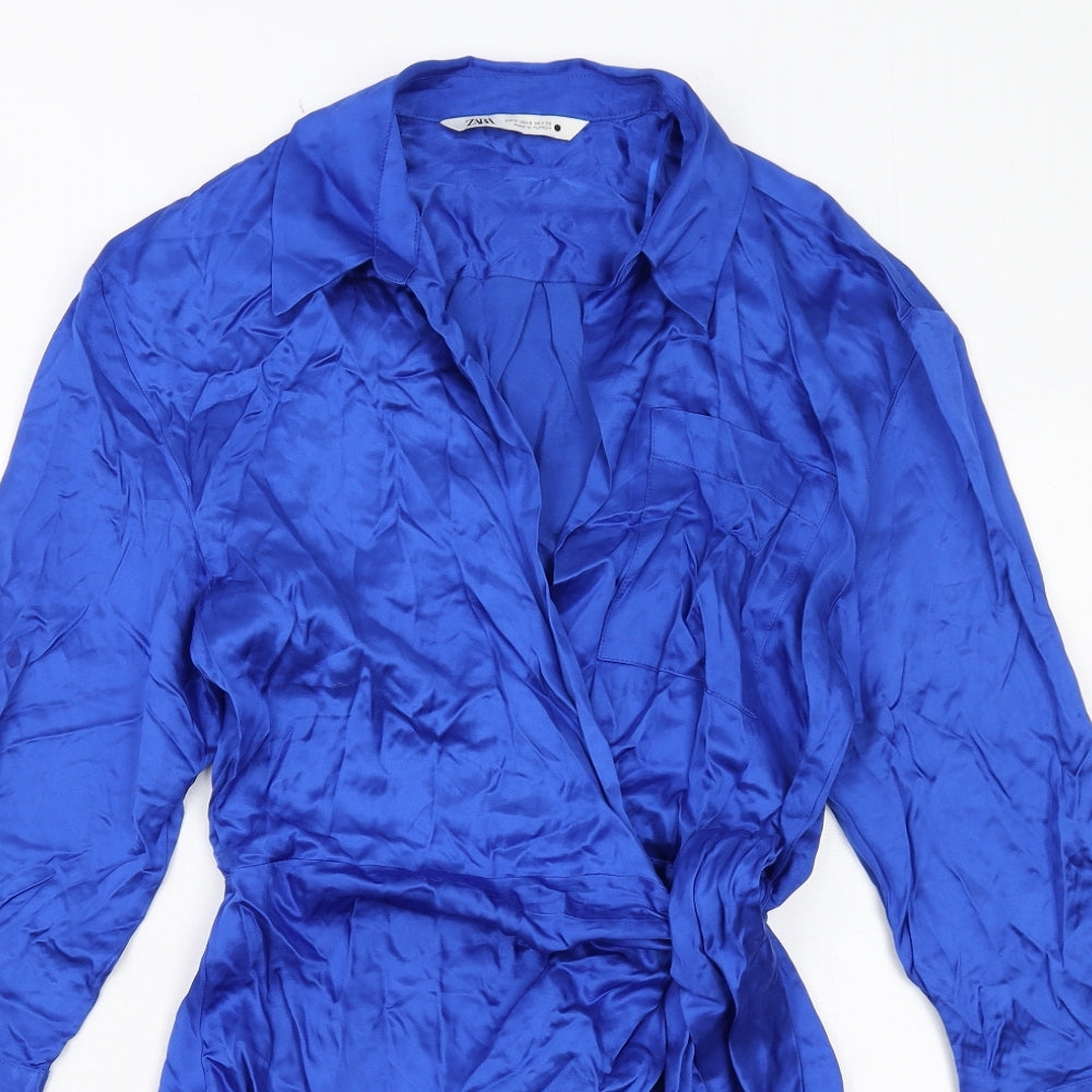 Zara Womens Blue Viscose Wrap Dress Size S Collared Tie