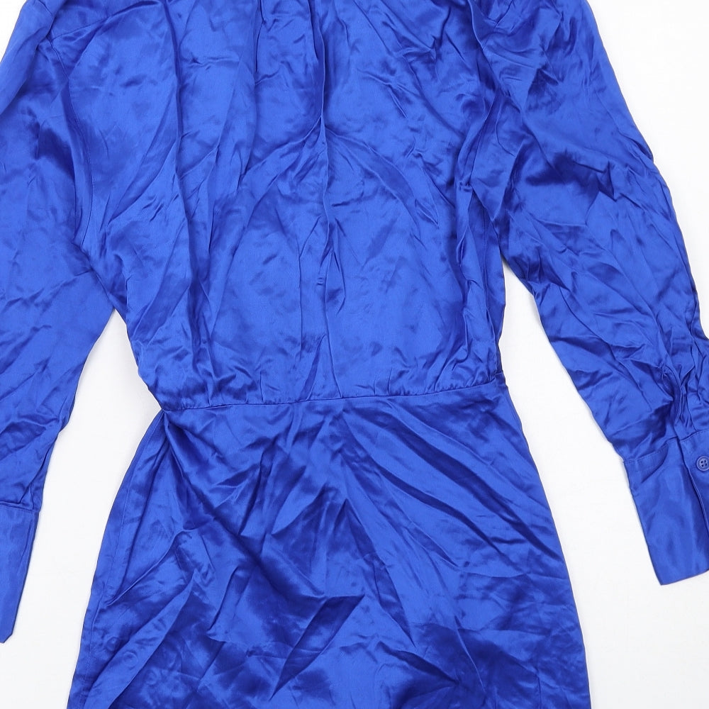 Zara Womens Blue Viscose Wrap Dress Size S Collared Tie