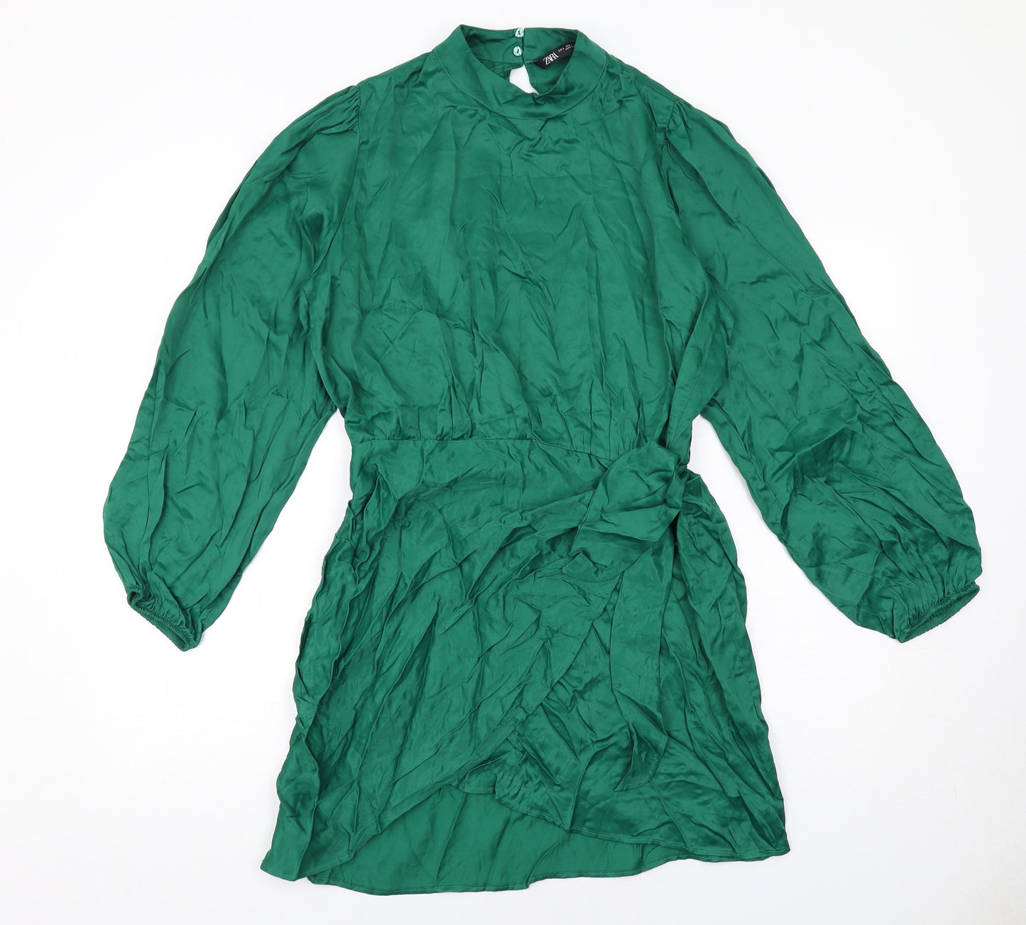 Zara Womens Green Viscose A-Line Size L Round Neck Button