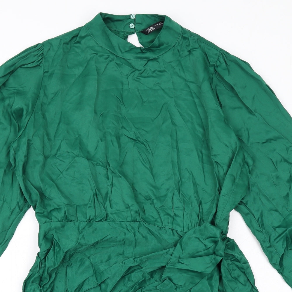 Zara Womens Green Viscose A-Line Size L Round Neck Button