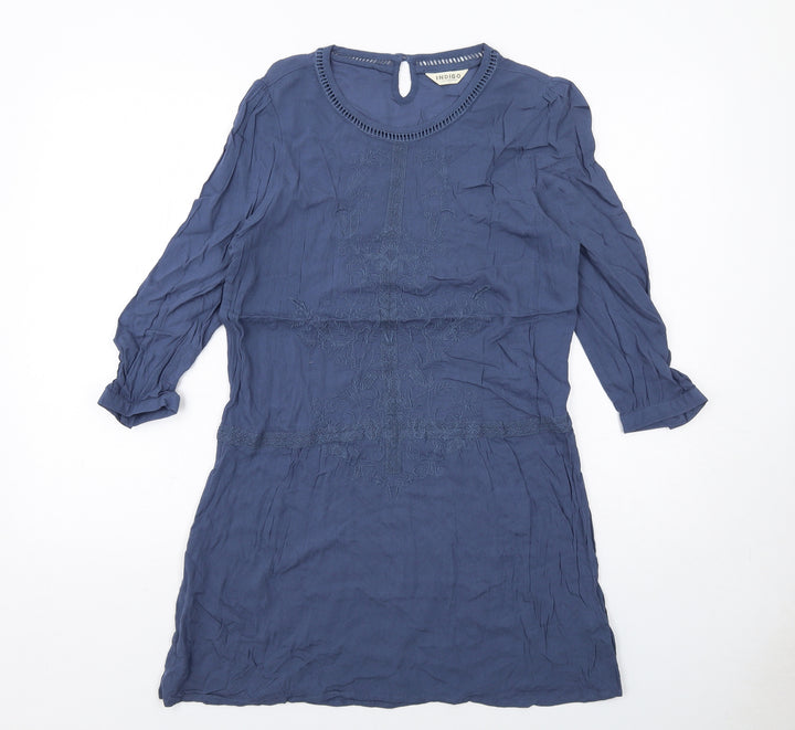 Indigo Womens Blue Viscose A-Line Size 10 Round Neck Button