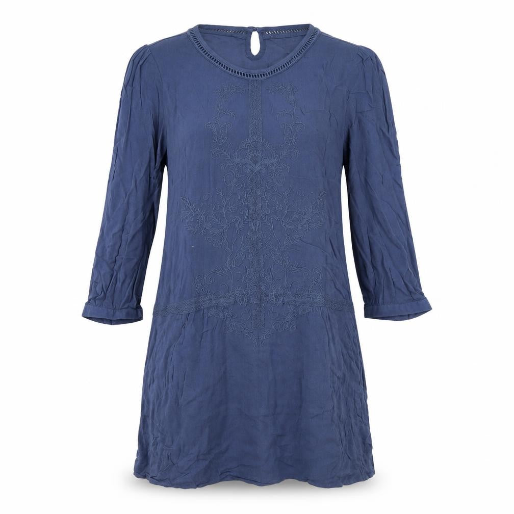 Front view of Indigo women’s blue viscose a-line, size UK 10, round neck button