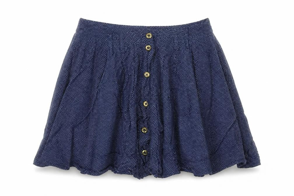 Front view of Topshop women’s black polka dot viscose mini skirt, size UK 8, button