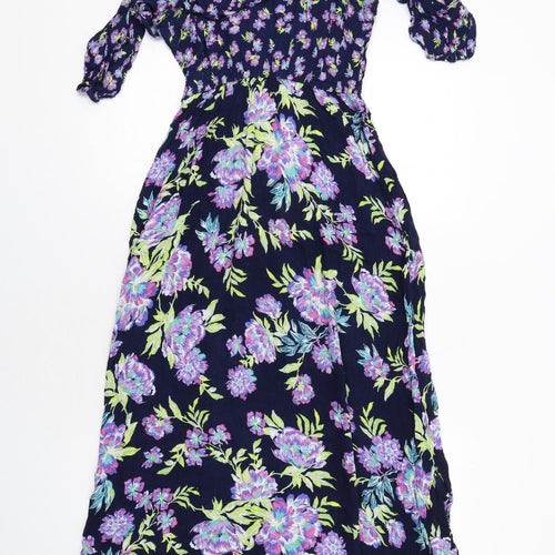 Marks and Spencer Womens Blue Floral Viscose A-Line Size 12 Round Neck Pullover - Cold shoulder