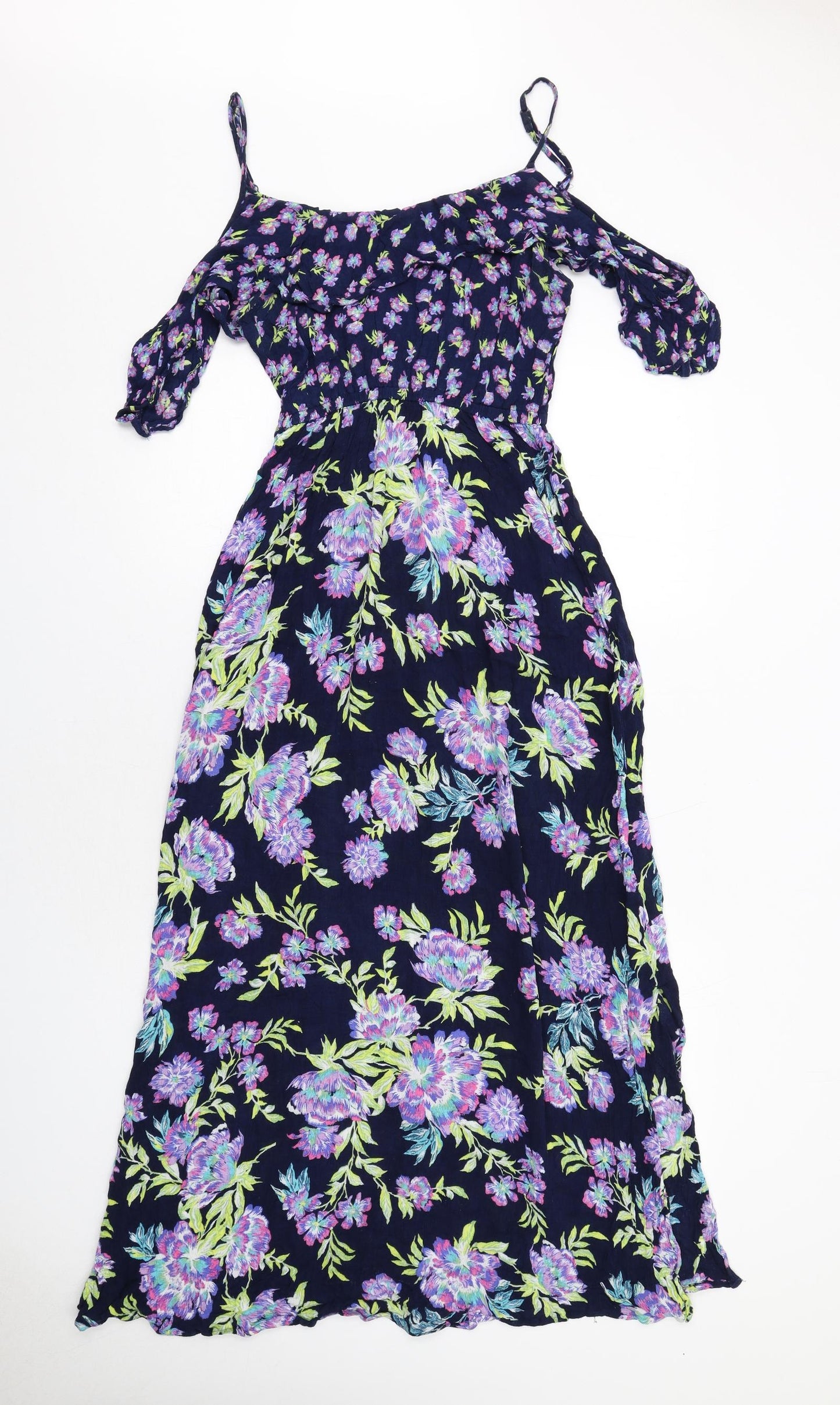 Marks and Spencer Womens Blue Floral Viscose A-Line Size 12 Round Neck Pullover - Cold shoulder