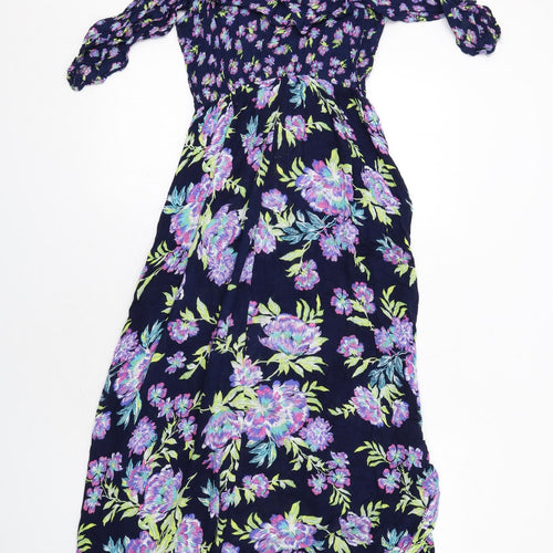 Marks and Spencer Womens Blue Floral Viscose A-Line Size 12 Round Neck Pullover - Cold shoulder