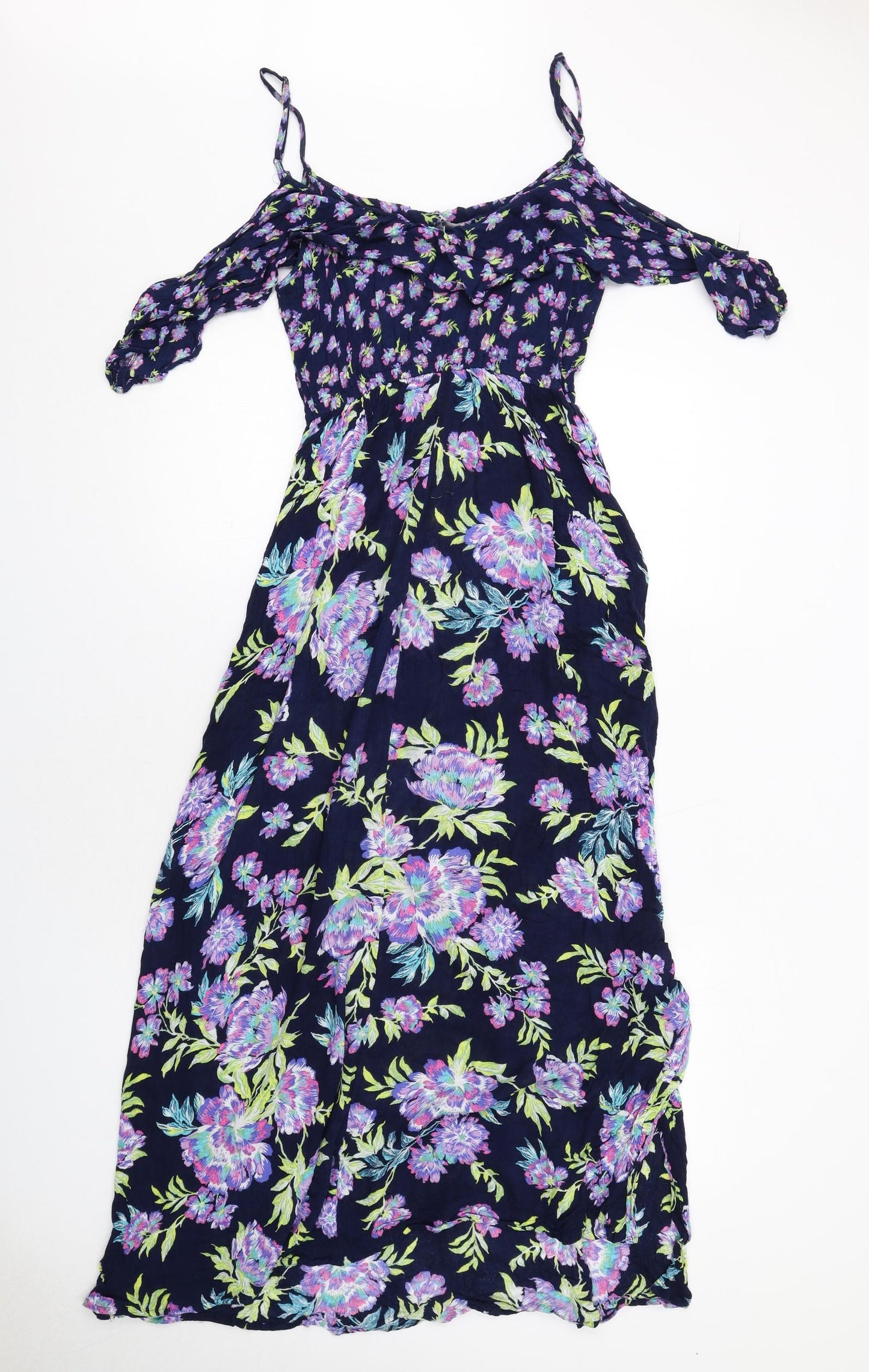 Marks and Spencer Womens Blue Floral Viscose A-Line Size 12 Round Neck Pullover - Cold shoulder