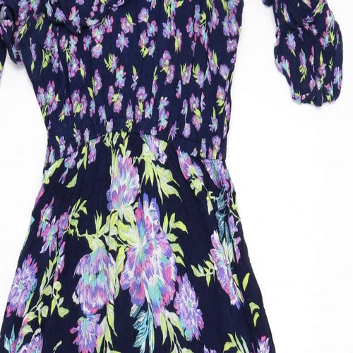 Marks and Spencer Womens Blue Floral Viscose A-Line Size 12 Round Neck Pullover - Cold shoulder