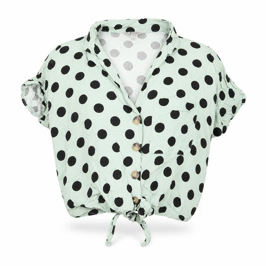 Front view of Miss Selfridge women’s green polka dot viscose basic button-up, size UK 10, collared