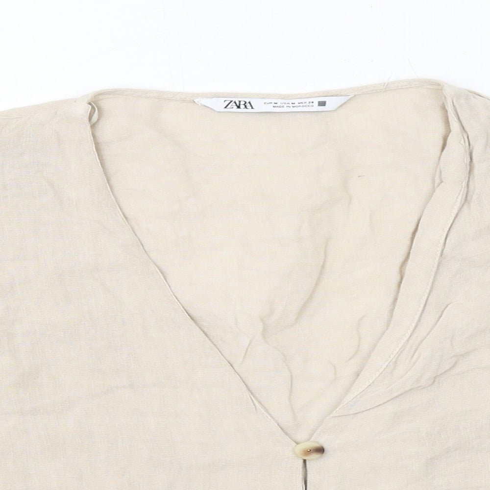 Zara Womens Beige Linen Cropped Button-Up Size M V-Neck