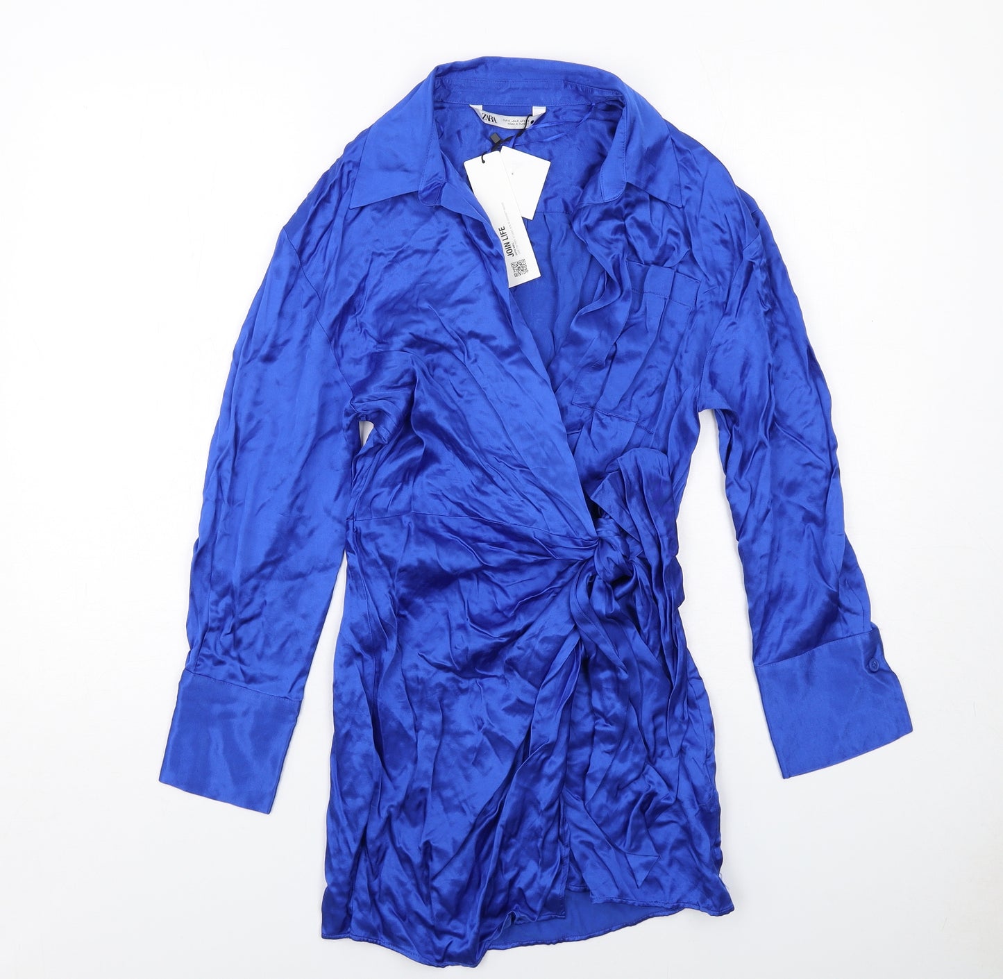Zara Womens Blue Viscose Shirt Dress Size S Collared Tie - Wrap Style