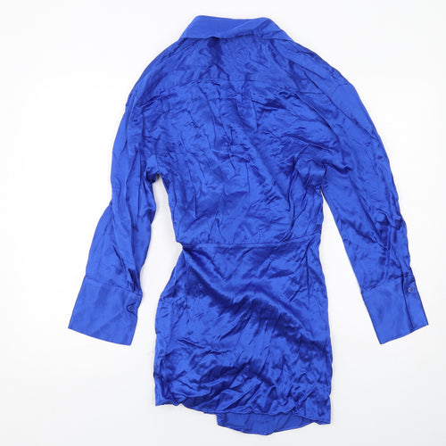 Zara Womens Blue Viscose Shirt Dress Size S Collared Tie - Wrap Style