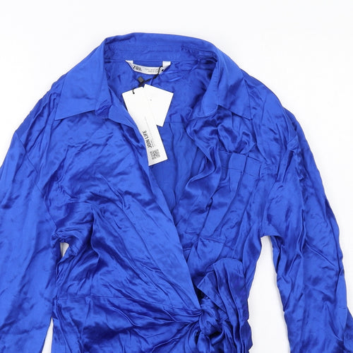 Zara Womens Blue Viscose Shirt Dress Size S Collared Tie - Wrap Style