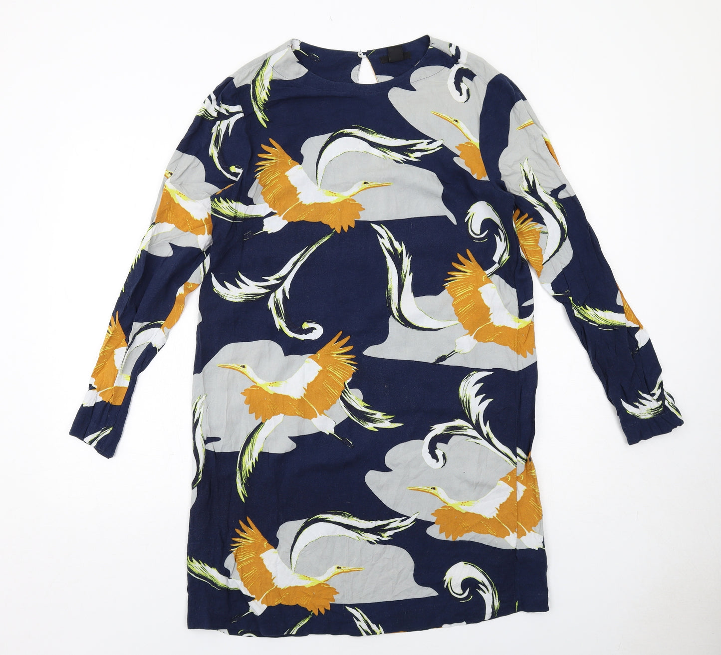 H&M Womens Blue Geometric Viscose Shift Size 12 Boat Neck Button - Bird Print