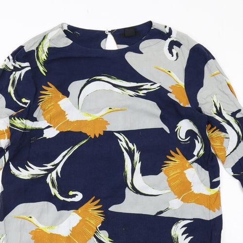 H&M Womens Blue Geometric Viscose Shift Size 12 Boat Neck Button - Bird Print