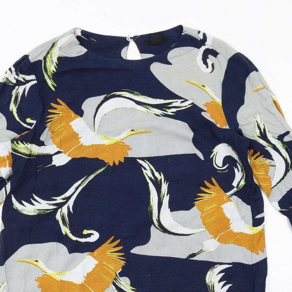 H&M Womens Blue Geometric Viscose Shift Size 12 Boat Neck Button - Bird Print