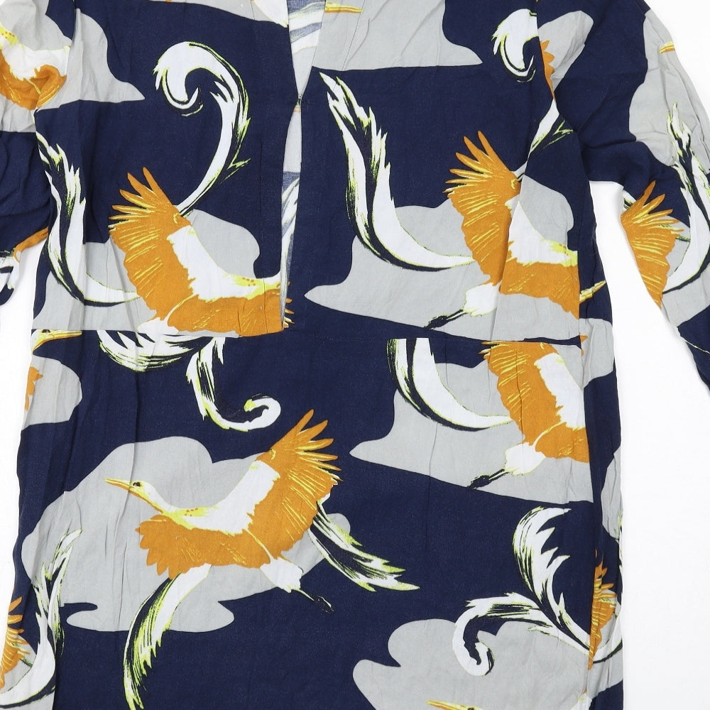 H&M Womens Blue Geometric Viscose Shift Size 12 Boat Neck Button - Bird Print