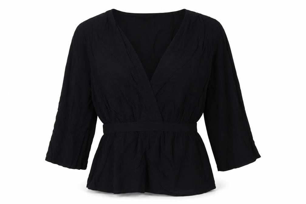 Front view of Topshop women’s black viscose basic blouse, size UK 10, v-neck