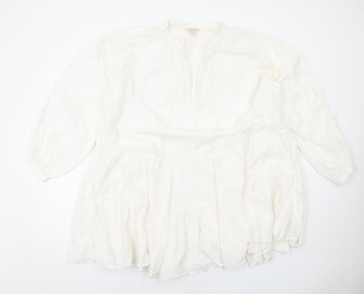 H&M Womens White Cotton Trapeze & Swing Size S V-Neck Pullover