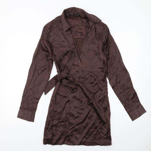 Zara Womens Brown Viscose Shirt Dress Size XS Collared Button