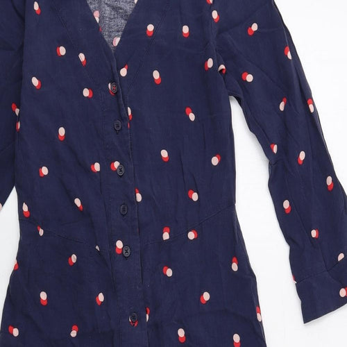 Joules Womens Blue Geometric Viscose A-Line Size 8 V-Neck Button