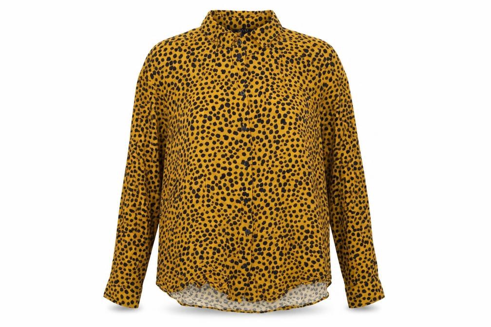 Front view of Monki women’s yellow geometric viscose basic button-up, size L, collared