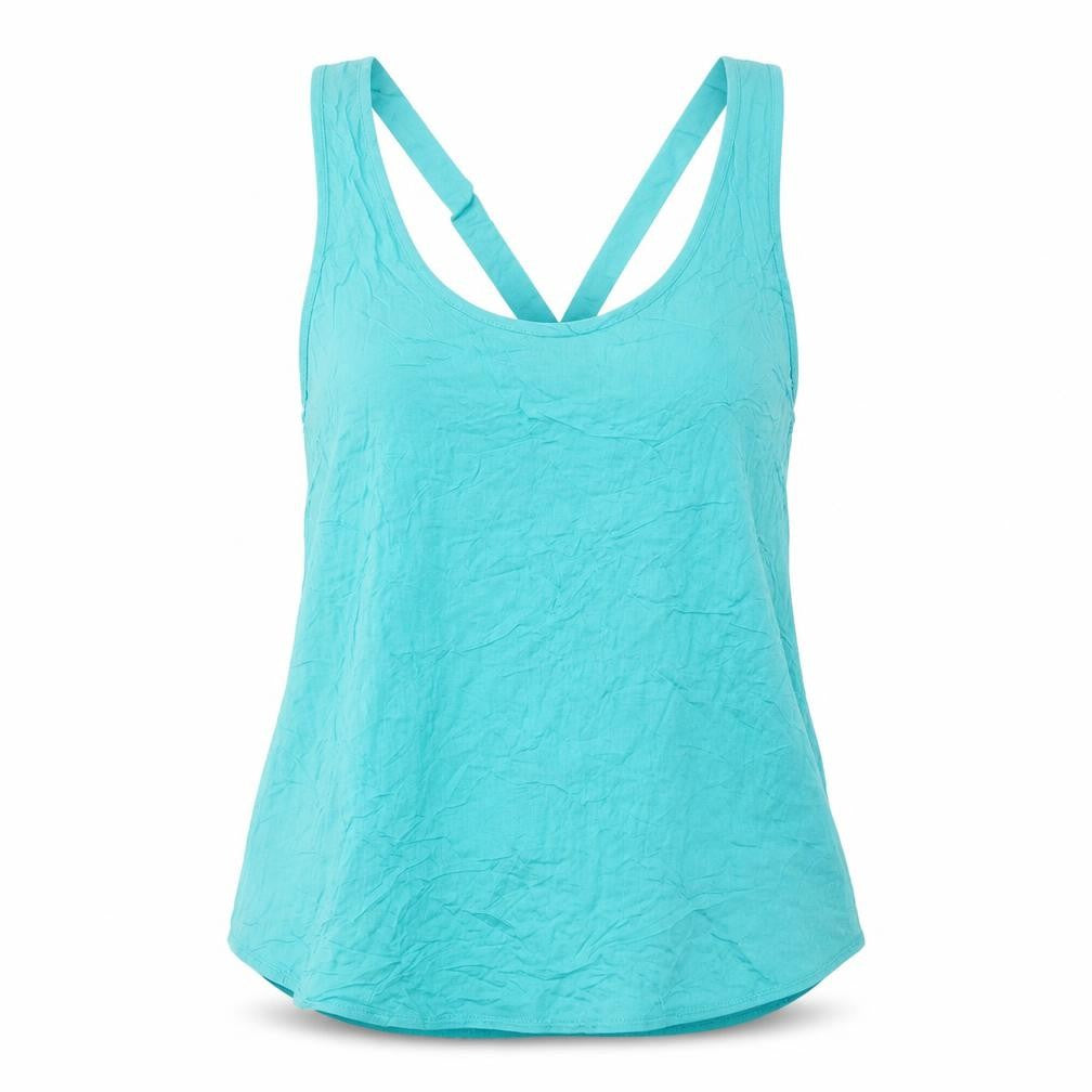 Front view of Topshop women’s blue viscose basic tank, size UK 8, round neck