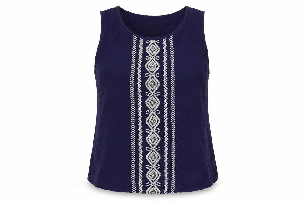 Front view of Solitaire women’s blue viscose basic tank, size XL, round neck